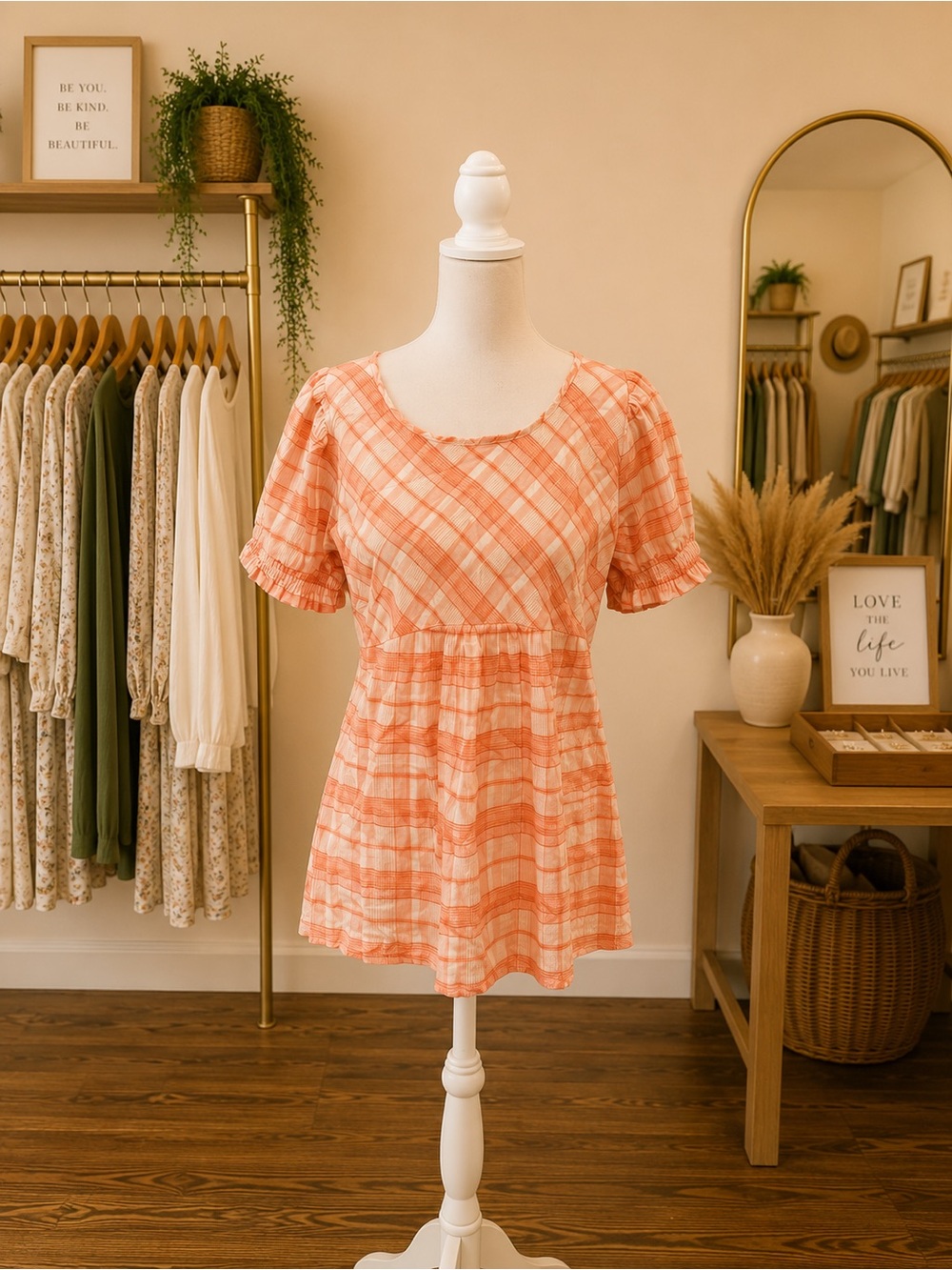 Umgee Orange Plaid Babydoll Top NWT Small/Medium 100% Cotton